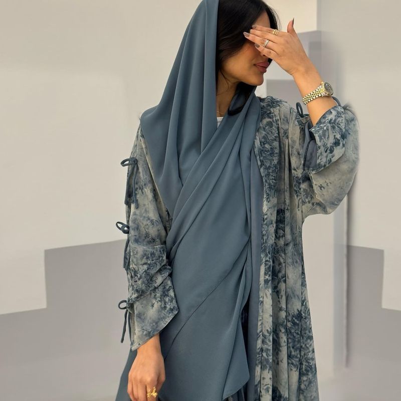Elegante abito musulmano in chiffon stampato con sciarpa - Set estivo alla moda_voghion.com