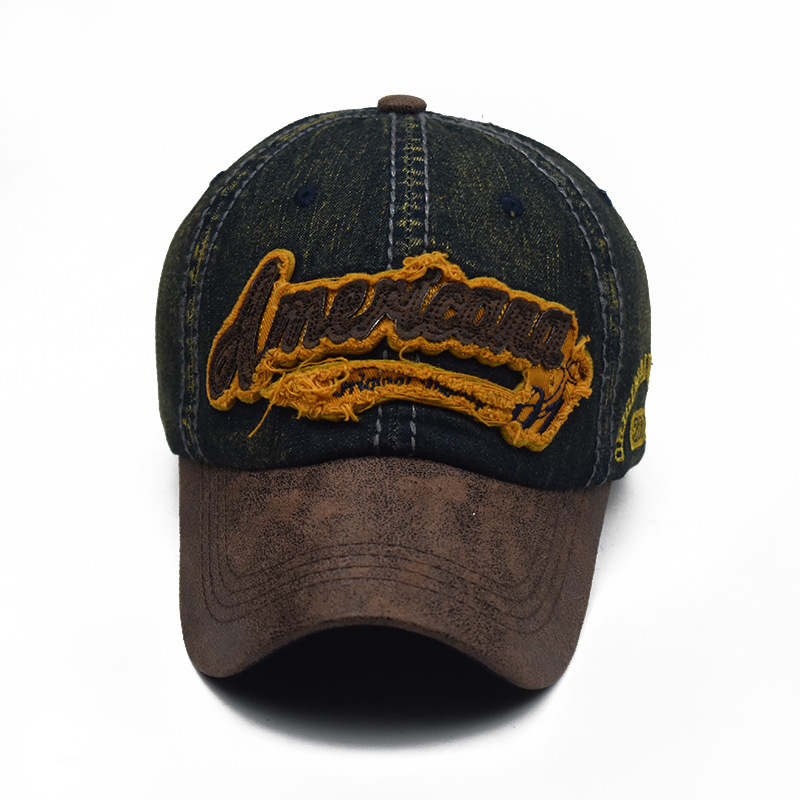 Denim PU patchwork casquette de baseball lettres brodées coton lavé casquette de baseball réglable casquette de sport en plein air pour hommes et femmes_voghion.com