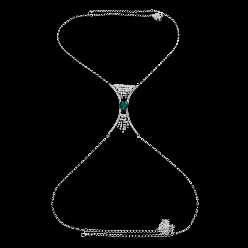 Nouveaux accessoires de mode tout-en-un en forme de cœur chaîne de poitrine en strass vert pendentif bikini de plage chaîne de corps chaîne_voghion.com