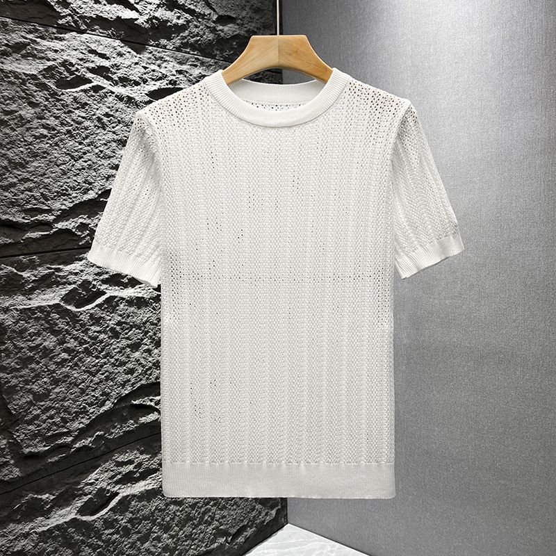 Herrenbekleidung Sommer Neue Kurzarmpullover für Männer Hohle Eisseide Atmungsaktive Textur Slim Fit Business Casual_voghion.com