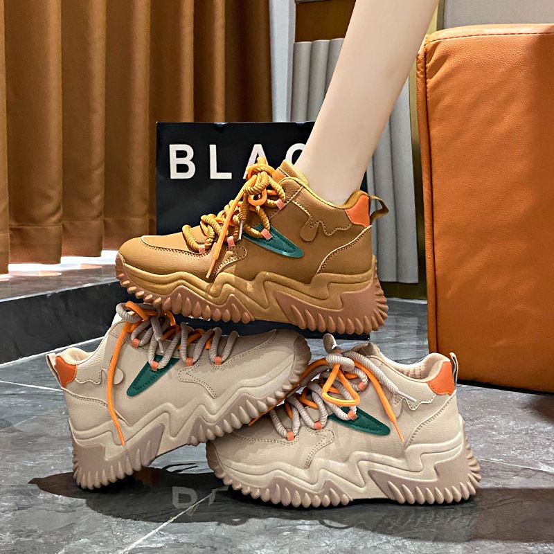 Bottes mi-hautes à plateforme pour femmes, chaussures de papa à plateforme, bottes d'alpinisme à lacets, chaussures décontractées pour femmes_voghion.com