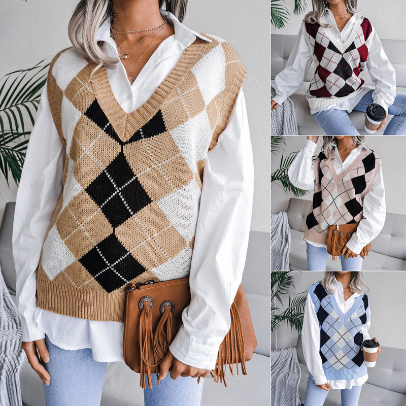 Vêtements pour femmes automne et hiver style collégial losange col en v décontracté gilet tricoté ample pull vêtements pour femmes_voghion.com