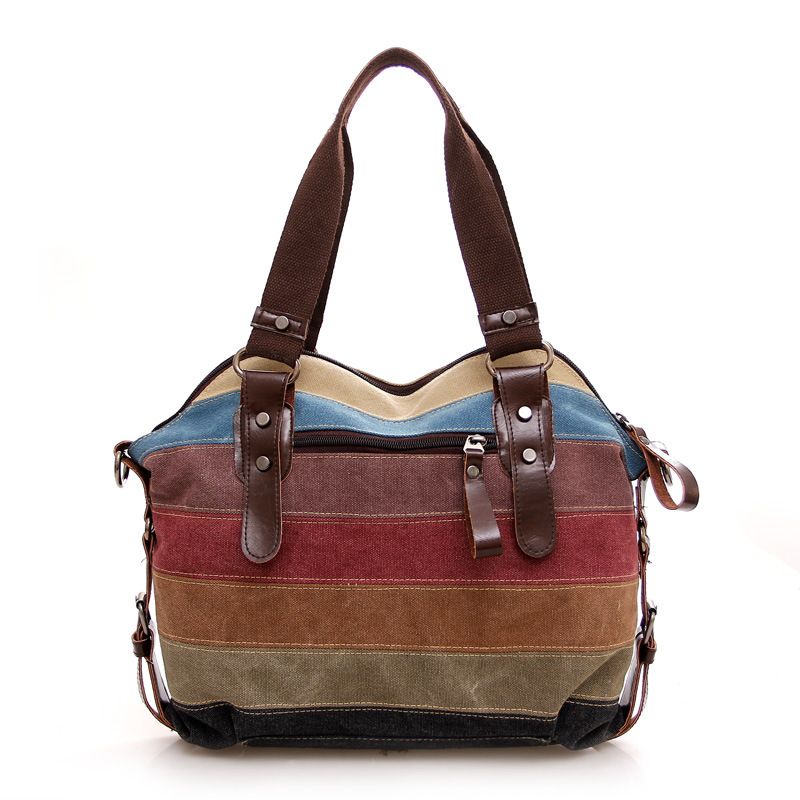 Trendy Regenbogen gestreifte Mode Patchwork Damen gewaschen Canvas Tasche_voghion.com