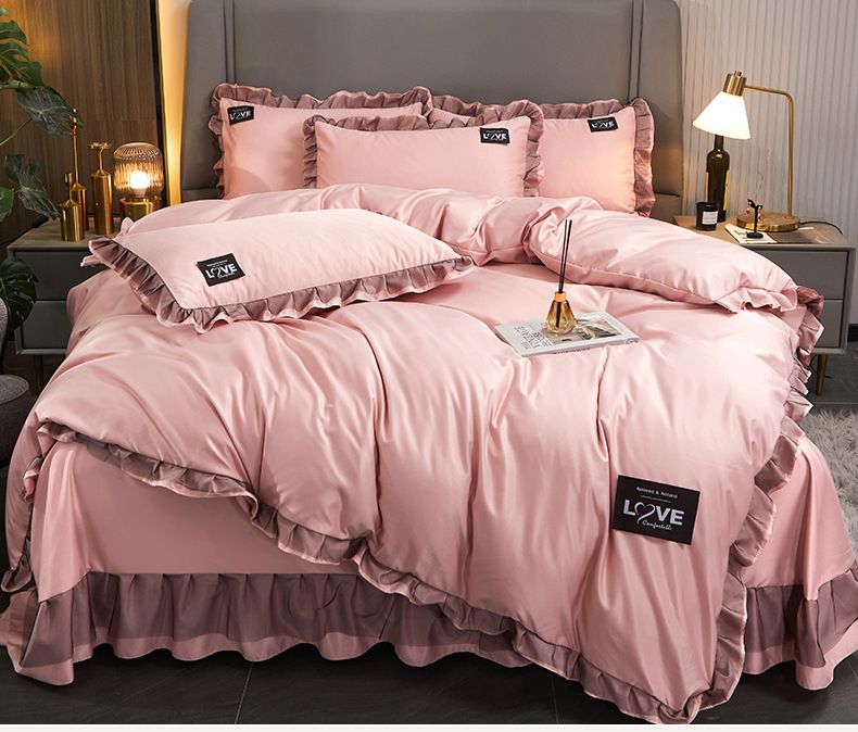 Gonna da letto in seta lavata, set di quattro pezzi, copripiumino estivo in pizzo tinta unita, lenzuolo con rete rossa_voghion.com