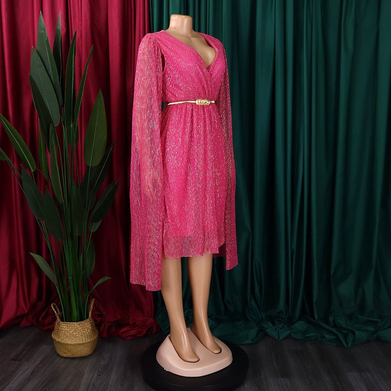 Damenbekleidung Neue V-Ausschnitt Temperament Langarm Cape Taille Kleid Rock_voghion.com