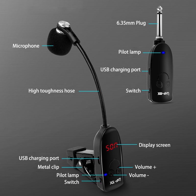 Saxophon, Trompete, Posaune, spezielles kabelloses Mikrofon, kabelloser Empfänger/Sender, 50 m Reichweite, Plug and Play, ideal für_voghion.com