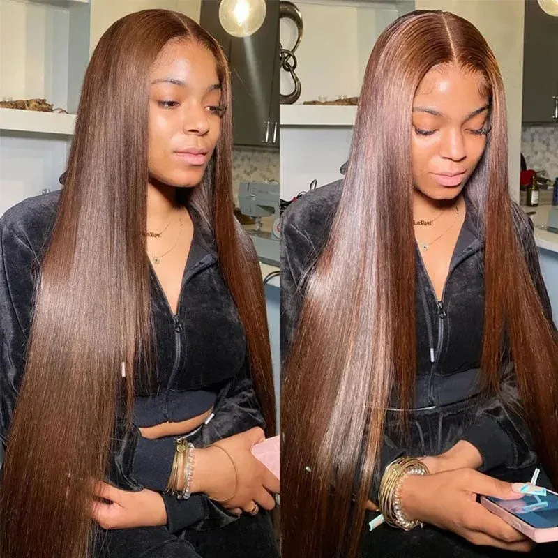 Parrucche frontali in pizzo marrone dritto per capelli umani da donna, parrucca frontale trasparente HD da 30 pollici, capelli colorati pre-pizzicati_voghion.com