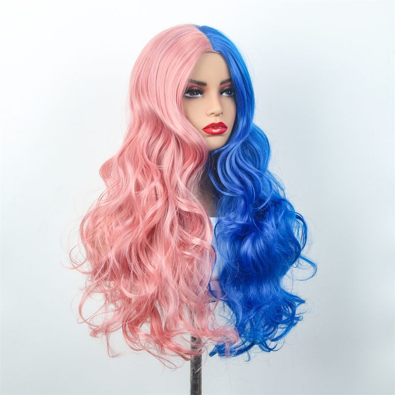Rose breathable inner net blue and pink wig middle part long curly hair female COS wig big wave high temperature wire spot_voghion.com