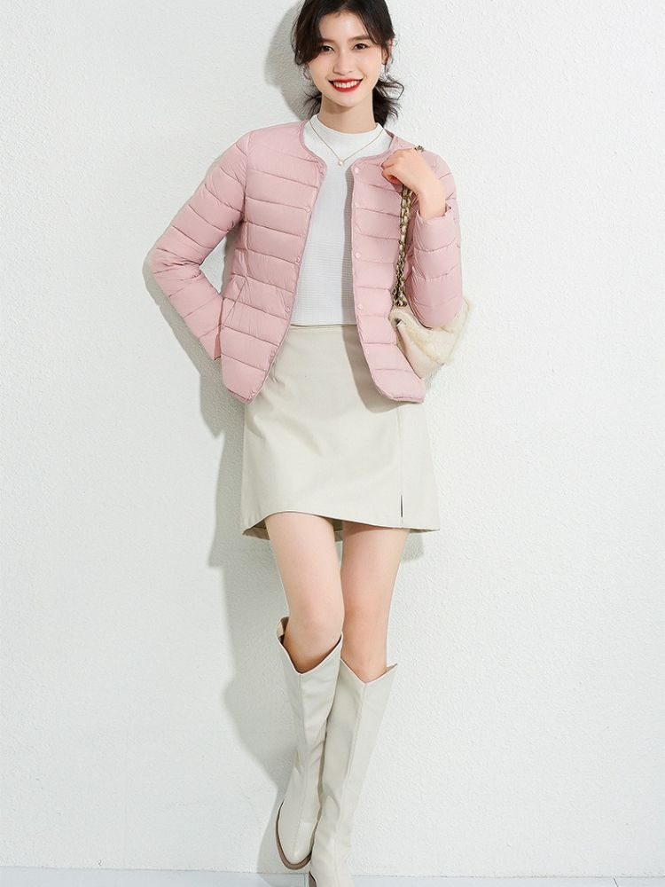 K Women's New Style Round Neck Cotton Padded Jacket, Slim Fit Base Layer, Solid Color Slimming Warm Short Lightweight Cotton Coat._voghion.com