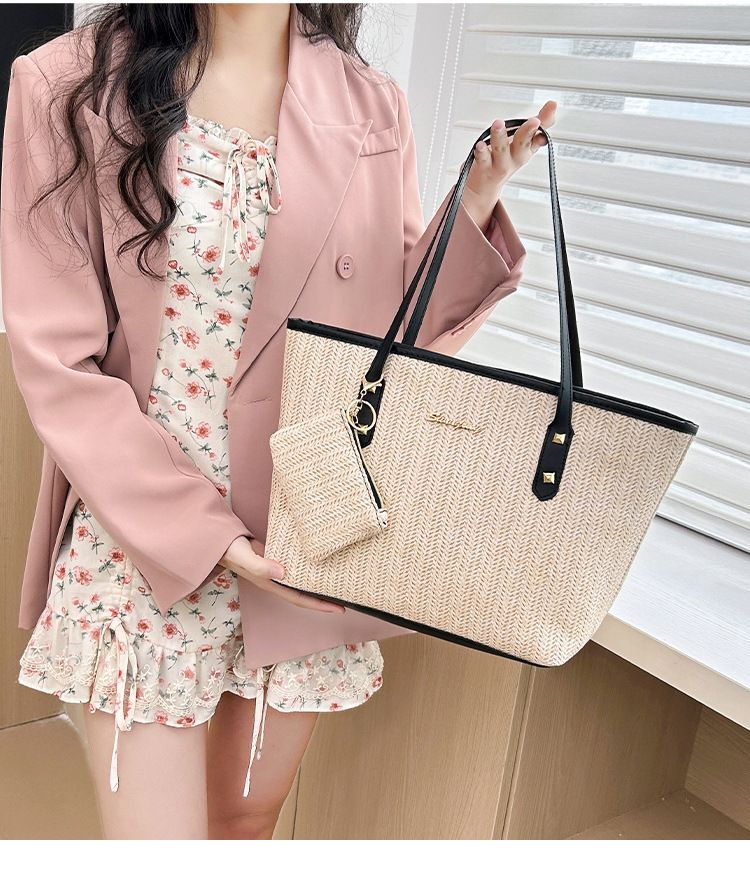 Borse da donna, borsa di paglia di grande capacità, per pendolari, per donne, madre e bambino, set da 2 pezzi, borsa da ascella con colori a contrasto_voghion.com