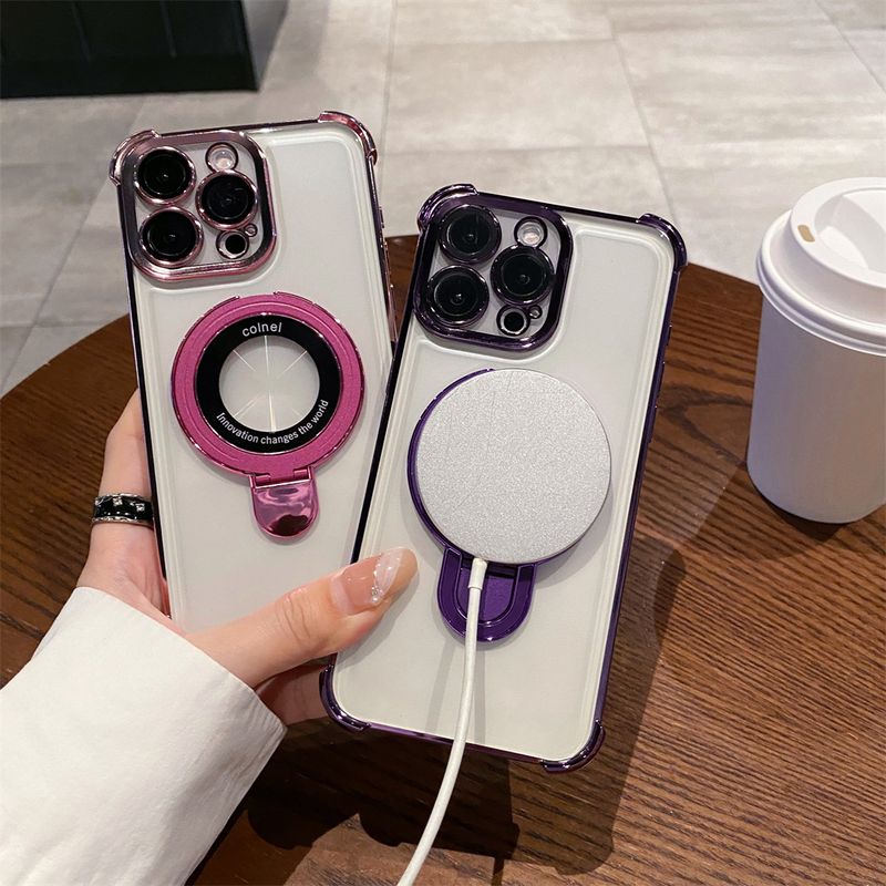 Plating Magnetic Stand Holder For Case For IPhone 15 14 13 12 11 Pro Plus Max X XS XR 7 8 SE3 Shockproof Soft TPU Cover_voghion.com