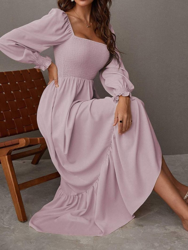 Abito aderente da donna, con scollo quadrato, manica lunga, volant, vita alta, ampio e ampio._voghion.com