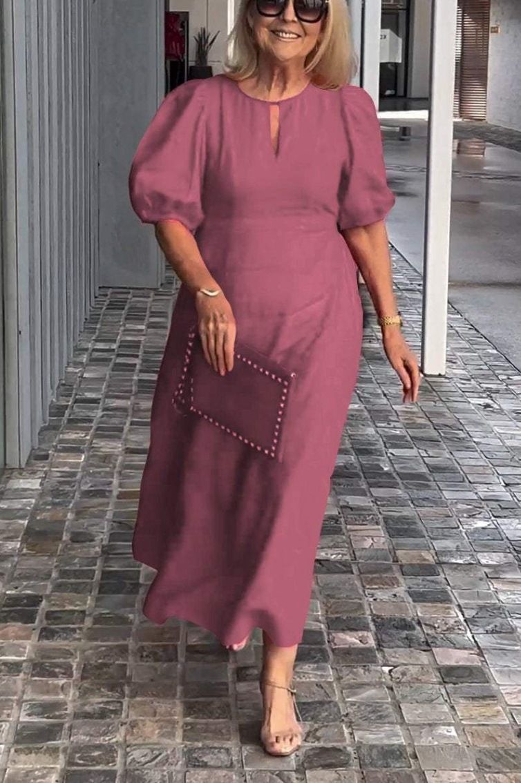Conjunto de estilo preguiçoso para roupas femininas de primavera e verão, vestido solto de cor sólida com gola redonda e manga bolha_voghion.com