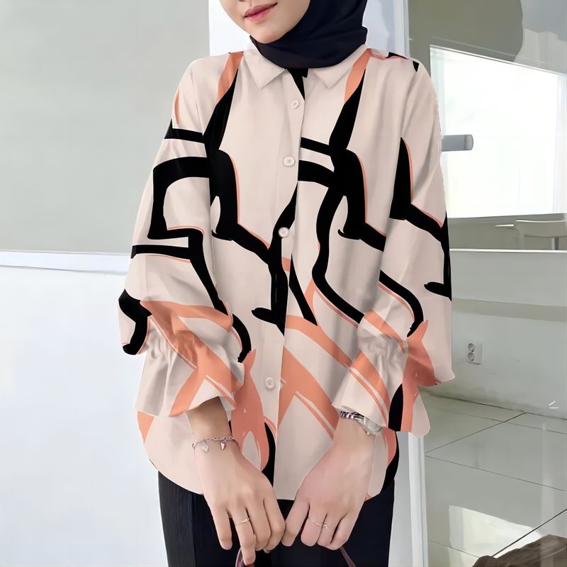 Muslimisches Damenhemd im Retro-Stil, ausgestellte Ärmel, bedrucktes Revers, lässiges, lockeres Oberteil_voghion.com