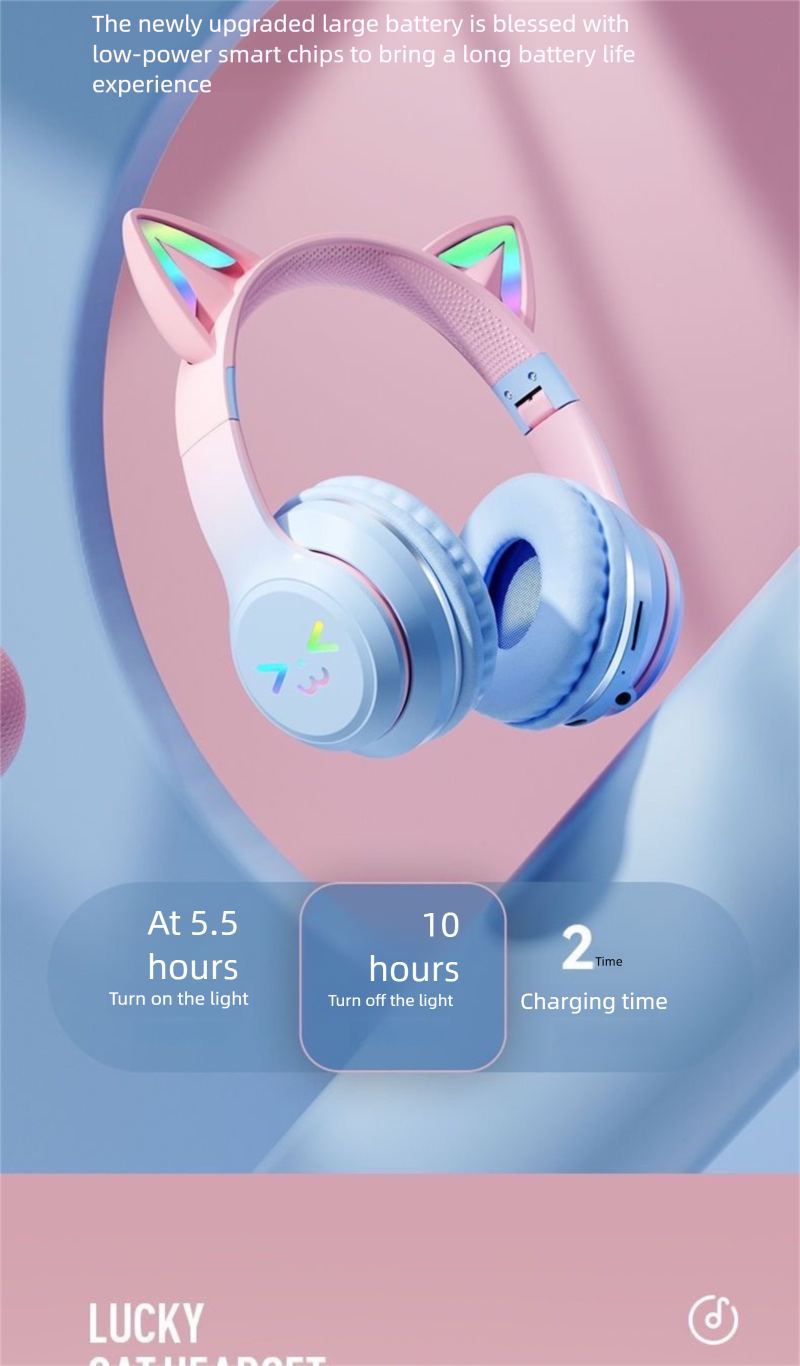 Cuffie da gioco Bluetooth over-ear per telefono cellulare, wireless, con bassi profondi, copertura completa, orecchie di gatto_voghion.com