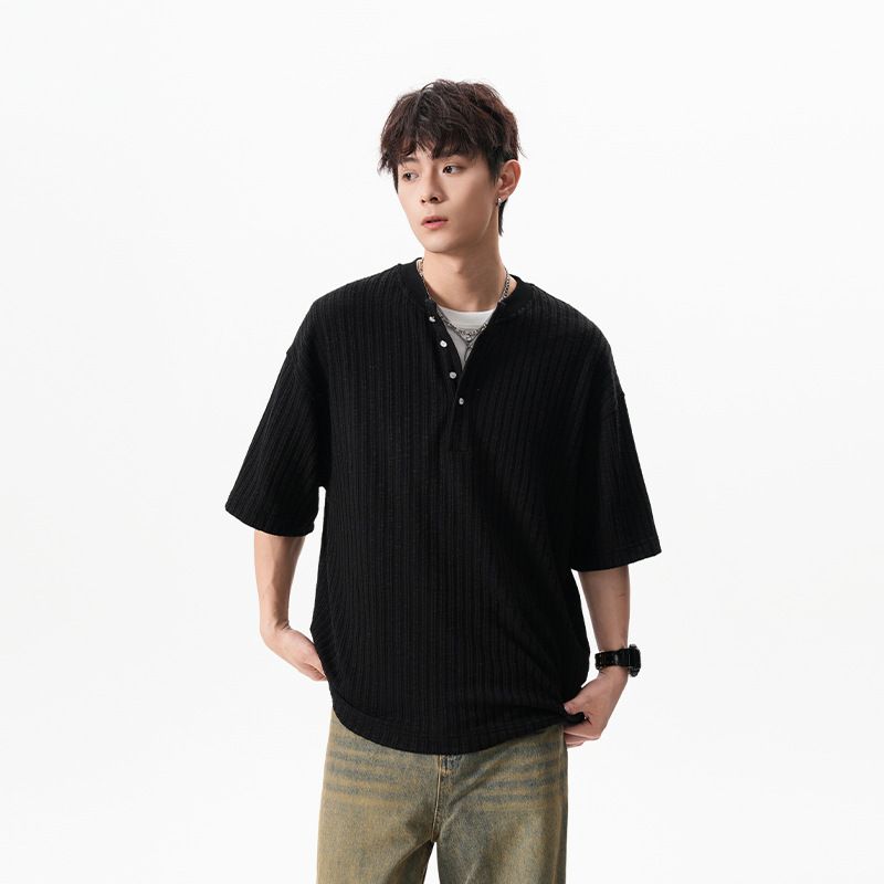 Old Money Style Henry Collar Short Men's 2025 Summer New High-end Loose Textured T-shirt V-neck Versatile Half Sleeve_voghion.com