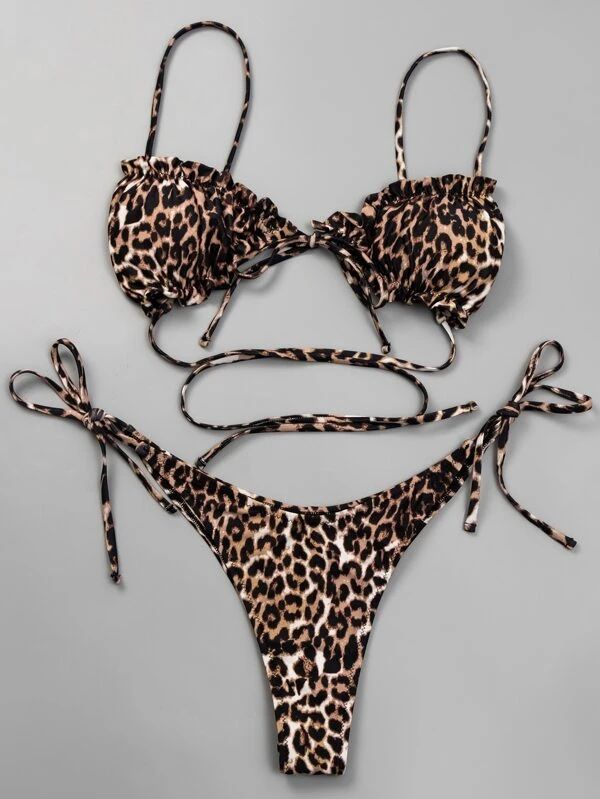 Women's Clothing Split Bikini Pleated Edge Leopard Print Sexy Belly Covering Split Swimsuit_voghion.com