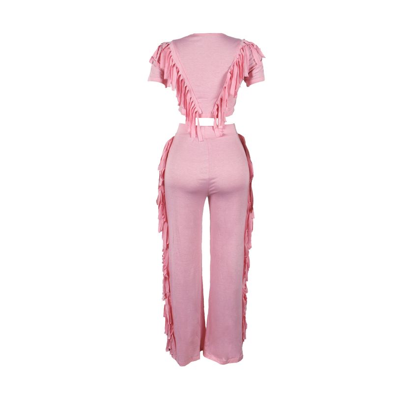 Vêtements pour femmes, ensemble deux pièces confortable et décontracté à pompons élastiques_voghion.com
