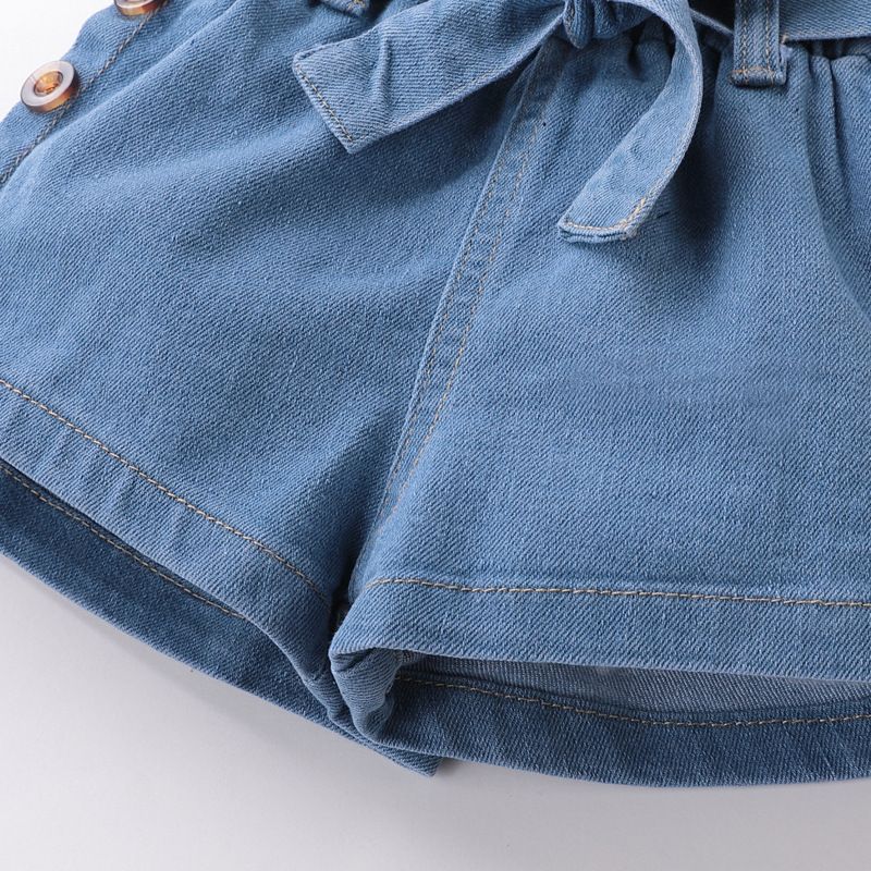Mother&Kids Children's summer set solid color single strap sleeveless lace top denim shorts two pieces_voghion.com