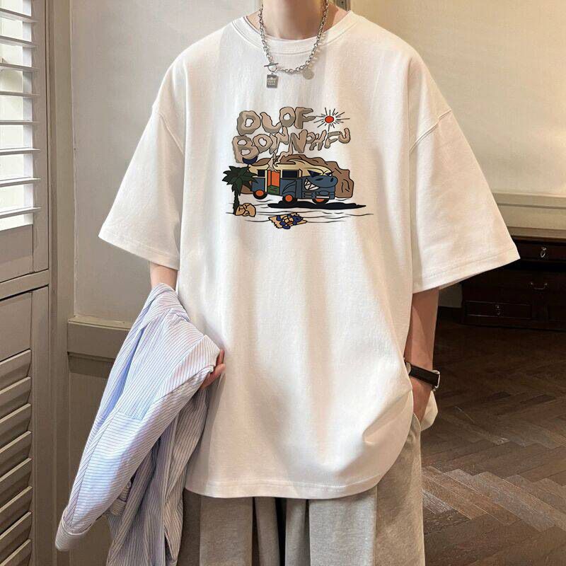 Unbeatable Quality Summer Trend Ins Printed Short T-shirt For Men, Loose Fitting Harajuku BF, Versatile Five Quarter Sleeve Couple Round_voghion.com