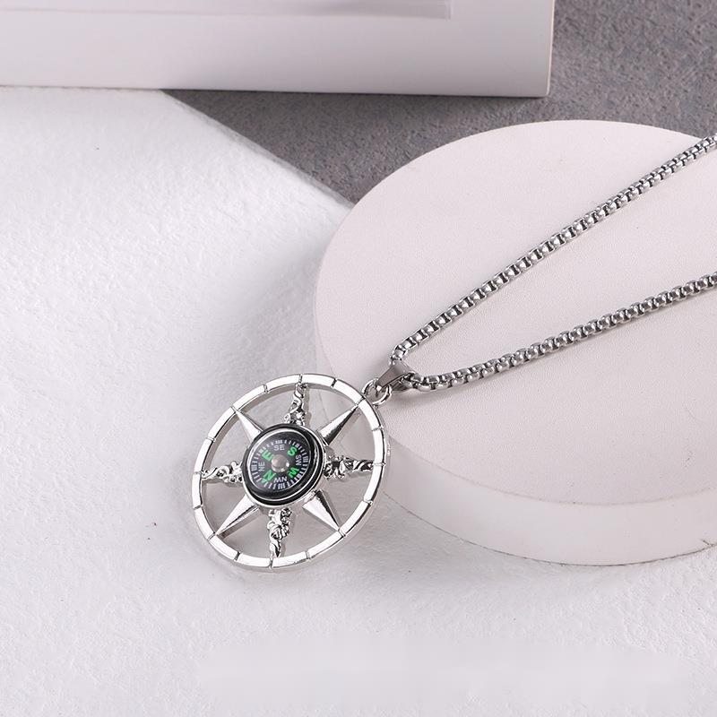 Compass Pendant Titanium Steel Necklace Men Ins Cool Style Hip-hop Personality Long Hoodie Chain Simple Temperament_voghion.com