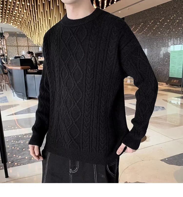 "Herren-Zopfmusterpullover – Dicker Jacquard-Strickpullover im koreanischen Stil mit Rundhalsausschnitt für Herbst und Winter – Weiß/Khaki/Schwarz"_voghion.com