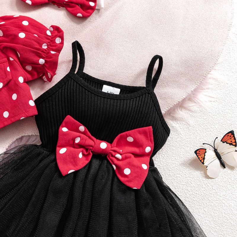 Vêtements pour enfants Veste à manches courtes à pois avec revers et bretelles Jupe en gaze à nœud Ensemble trois pièces pour filles_voghion.com