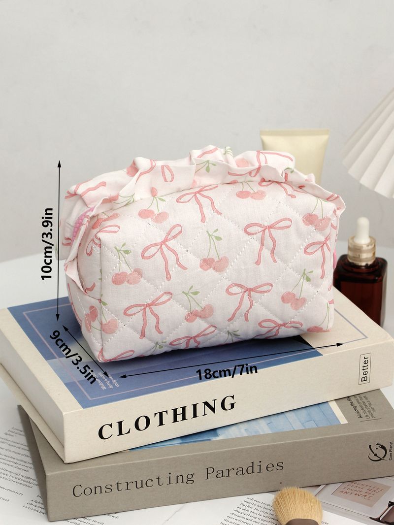 Bow Cherry Kosmetiktasche aus Stoff, große Kapazität, gesteppt, Aufbewahrungstasche für Hautpflegeprodukte, tragbare Reisetasche_voghion.com