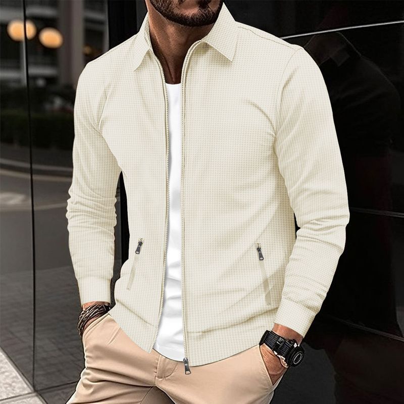 2024 Capispalla Primavera e Autunno Gioventù Waffle Tasca con Cerniera Flip Collar Slim Fit Cardigan Giacca Uomo Esterno_voghion.com