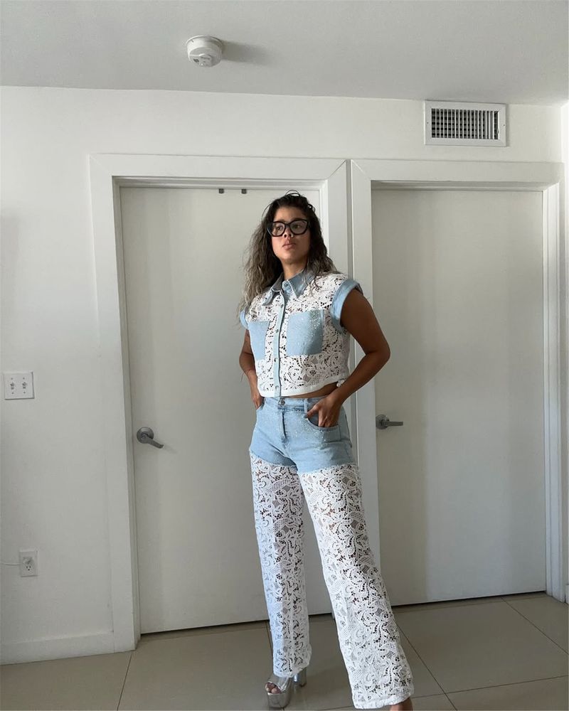 Summer Women's Denim & Lace 2-Piece Set – Cropped Sleeve Top & Straight-Leg Pants (S-XXL) | Trendy Streetwear With Rhinestone Details_voghion.com