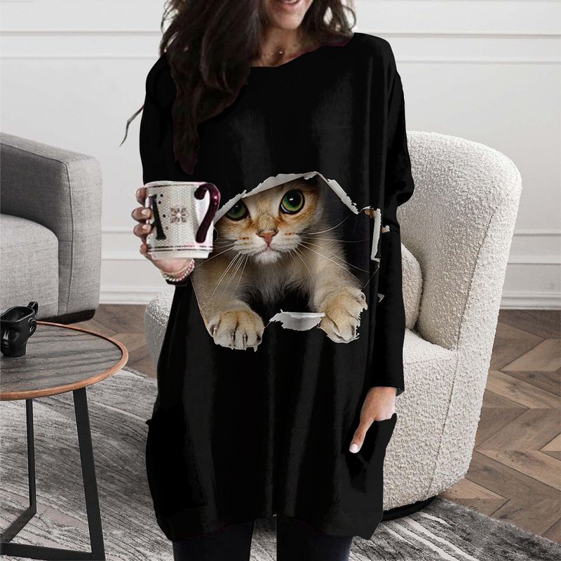 Damenbekleidung, Rundhalsausschnitt, süße Katze, mittelgroß, lockeres Kleid_voghion.com