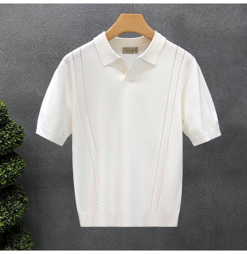 Herrenbekleidung Leichter Luxus-Revers-Kurzarmpullover Sommer Dünner Halbarm-Strickpullover Neues Herren-Eisseidenoberteil_voghion.com