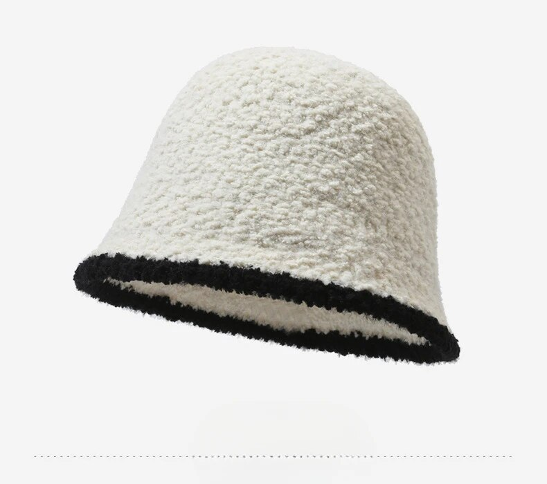 Korean version contrasting plush bucket hat for women in autumn winter, fashionable and versatile, showcasing face,_voghion.com