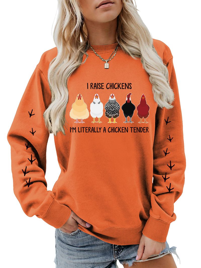 Felpa con stampa scozzese a maniche lunghe e girocollo, divertente e divertente, con scritta "I Raise Chickens" in autunno e inverno_voghion.com