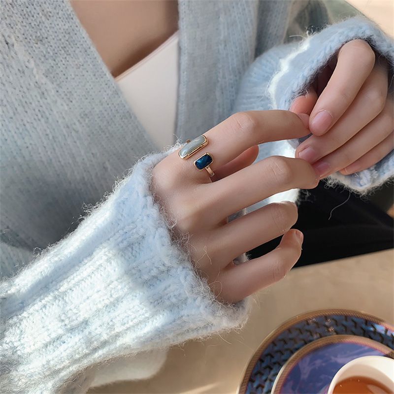 Nuovi anelli quadrati blu che gocciolano olio, anelli di apertura semplici retrò francesi di lusso, gioielli da donna alla moda e temperamento_voghion.com