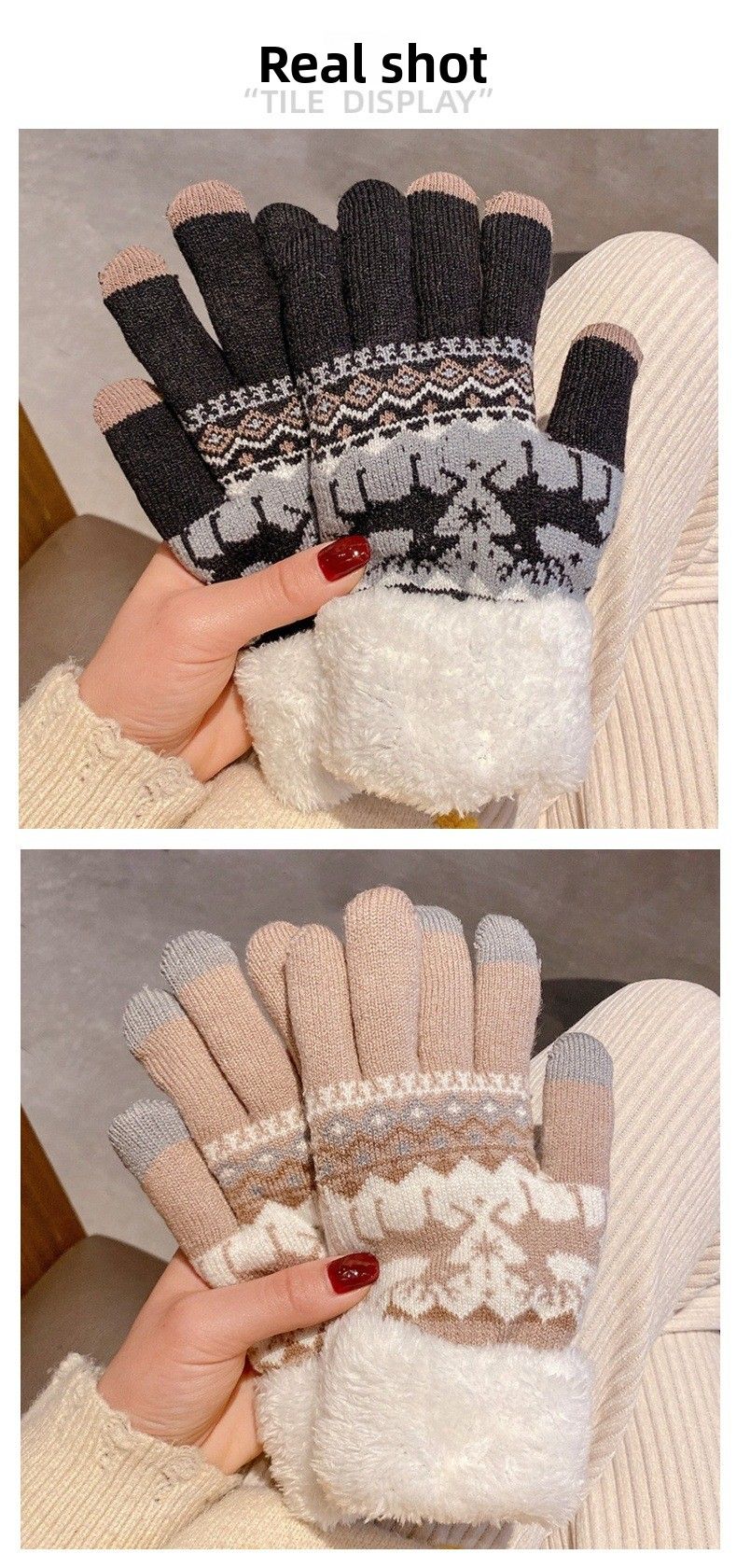 Gestrickter Jacquard für Damen, süßes Hirschmotiv, fingerlose Winterhandschuhe mit Fleecefutter, warm, verdickt, Fünf-Finger-Touchscreen-Handschuhe_voghion.com