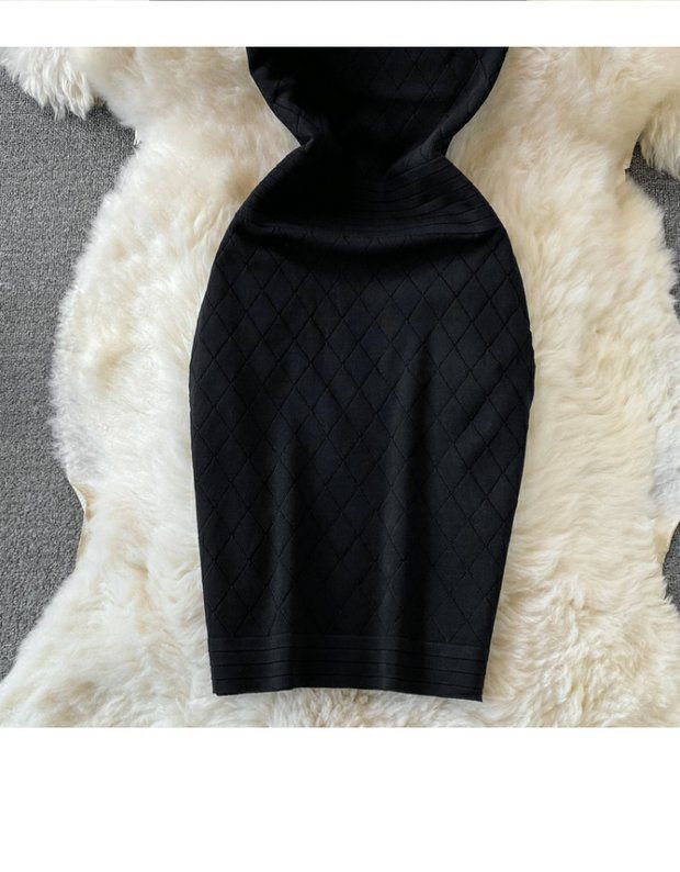 Damen Rundhals Ärmelloses Strick Neckholder Off-Shoulder Kleid Sexy Hüftbetontes Kurzrockkleid_voghion.com