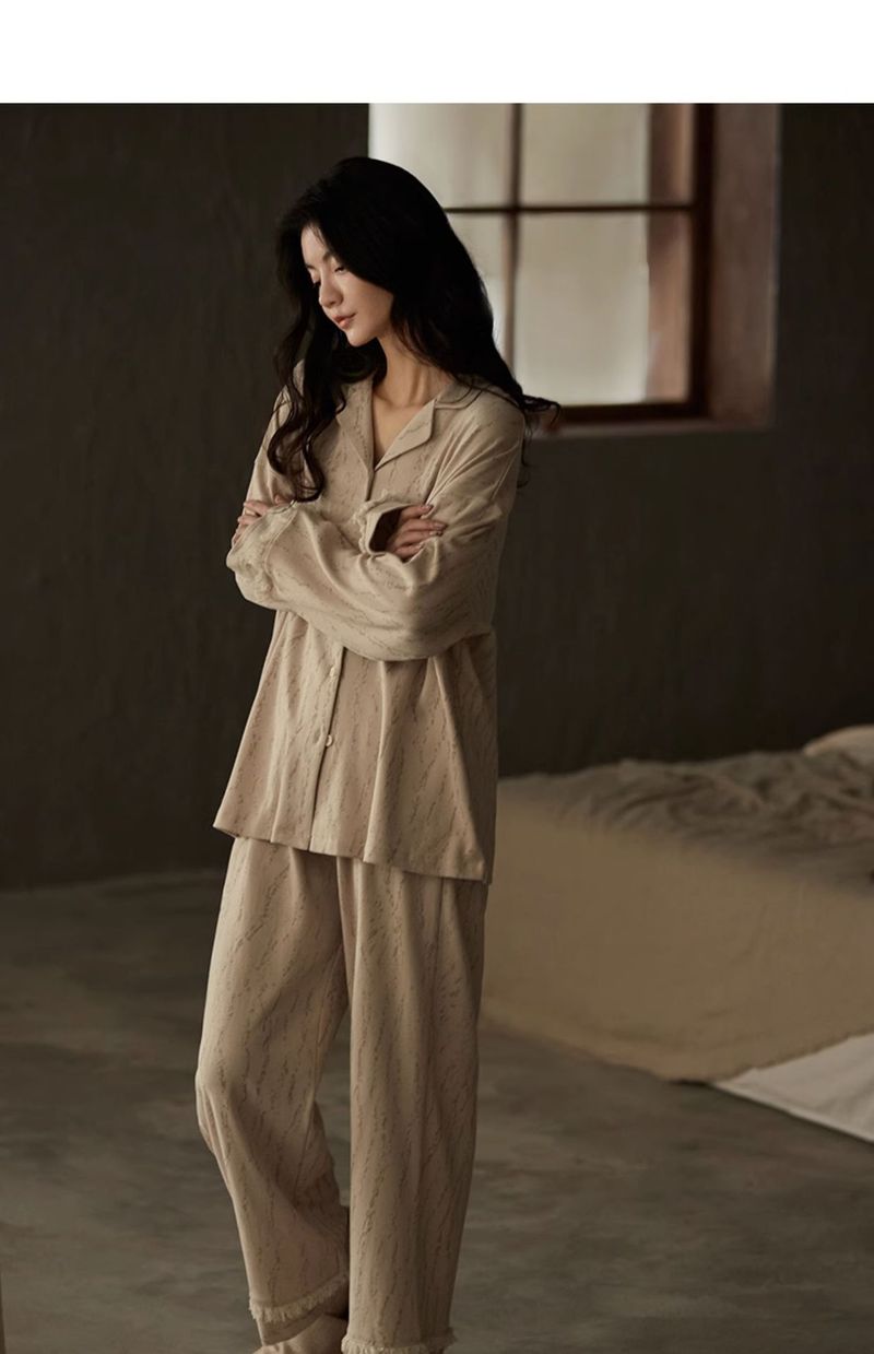 ChicShe Women's Pajamas Spring And Autumn Style Pure Cotton Sleeve Long Pants One-Piece Striped Wearable High-End Homewear Set_voghion.com