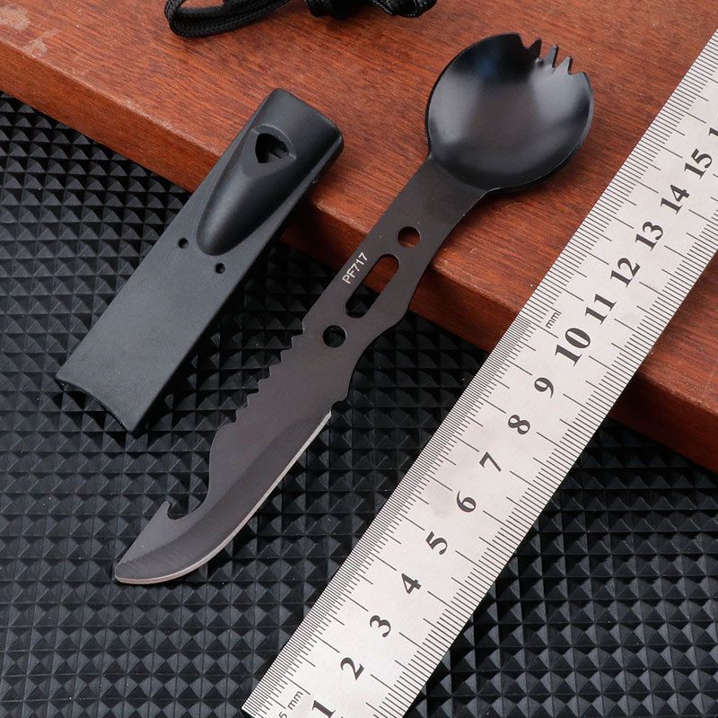 Cubiertos multifuncionales para el hogar, juego pequeño recto de acero inoxidable, cuchillo, cuchara y silbato._voghion.com