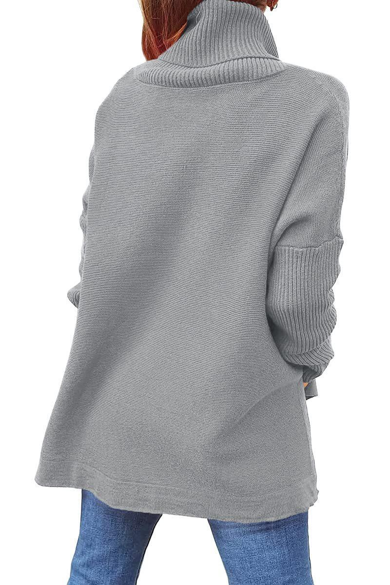 Dametrøje med høj hals, oversized pasform, mellemlang pullover med flagermusærmer, slidskant og bælte_voghion.com
