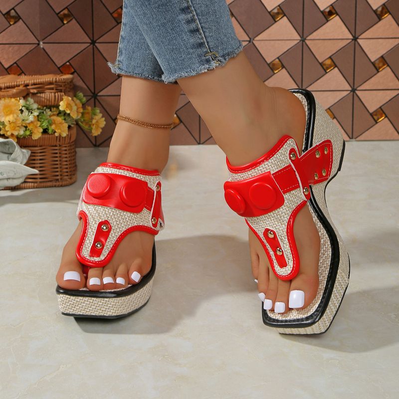 Women's Shoes Bohemian Style Wedge Heel Thick Sole, Sandals, Rivets, Elegant, Party, Simple, Solid Color, Summer_voghion.com