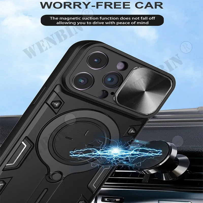 Hülle fir iPhone 15 14 13 12 11 Pro Max 8 7 Plus Magnéitesch rotéierend Schiebekamera 360 Grad rotéierend Standhülle Cover_voghion.com