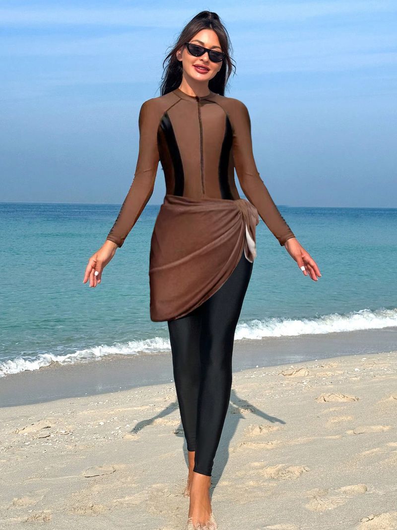 Muslimischer Badeanzug im europäischen Stil, langärmeliges Badeanzug-Set mit Rock für Damen, modisches Farbblock-Design mit Brustpolster_voghion.com
