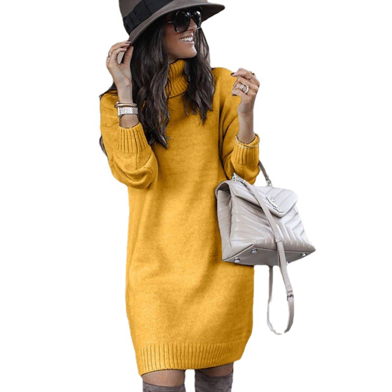 Damen Pullover Damen Lang Rollkragen Top Strickpullover Mantel Damenkleid_voghion.com