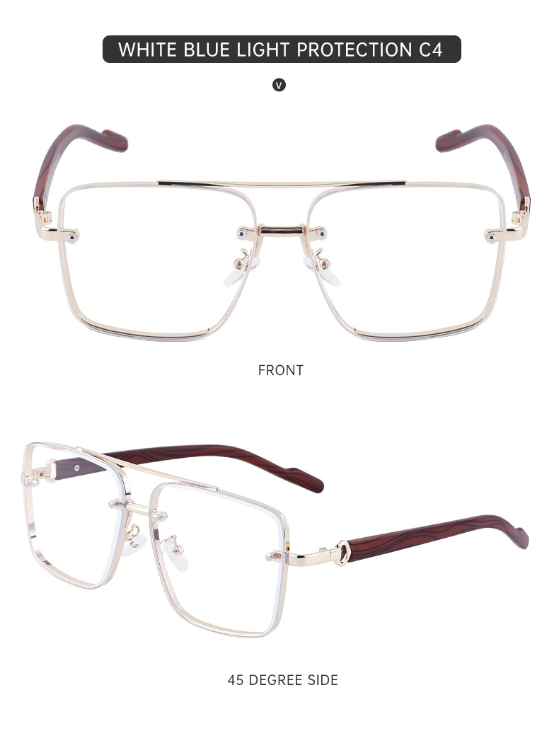 2024 Neue europäische und amerikanische Vintage-Doppelstrahl-Sonnenbrille aus Metall für Herren, Spiegelbeine aus Holzimitat, Anti-Blaulicht-Sonnenbrille für Herren_voghion.com