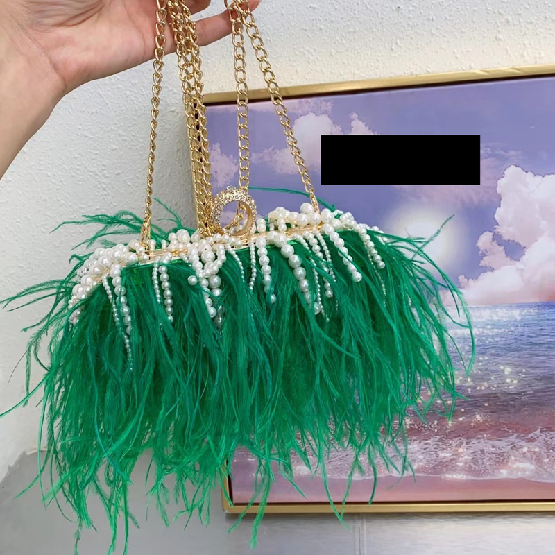 Borsa a tracolla con strass in metallo, piccola borsa quadrata con catena, borsa alla moda con piume di struzzo e perle_voghion.com