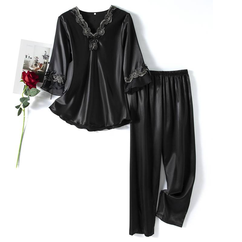 Pijamas femininos tamanho grande primavera e outono fino manga três quartos pijamas de seda bordado renda conjunto de duas peças roupas femininas para casa_voghion.com