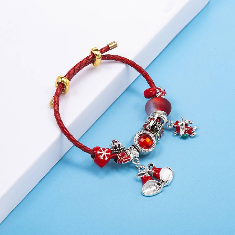 Charmarmbanden Kinder DIY-armband Kerststijl Rode kristallen kralen Verstelbare leren touwarmband_voghion.com