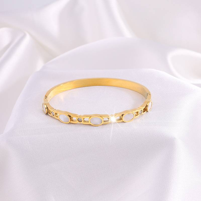 Titanium Steel Bangle With Shell & Zircon: Hollow Design, Luxury, Ideal For Women's Styling_voghion.com
