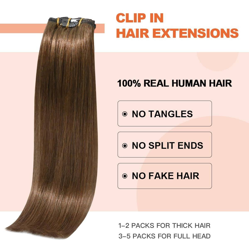 Clip-In-Haarverlängerungen, Echthaar, 35,6 cm, Hellbraun, Clip-In-Doppelschuss, 100 % Echthaar, Verlängerungen, 8 Stück, 80 g_voghion.com